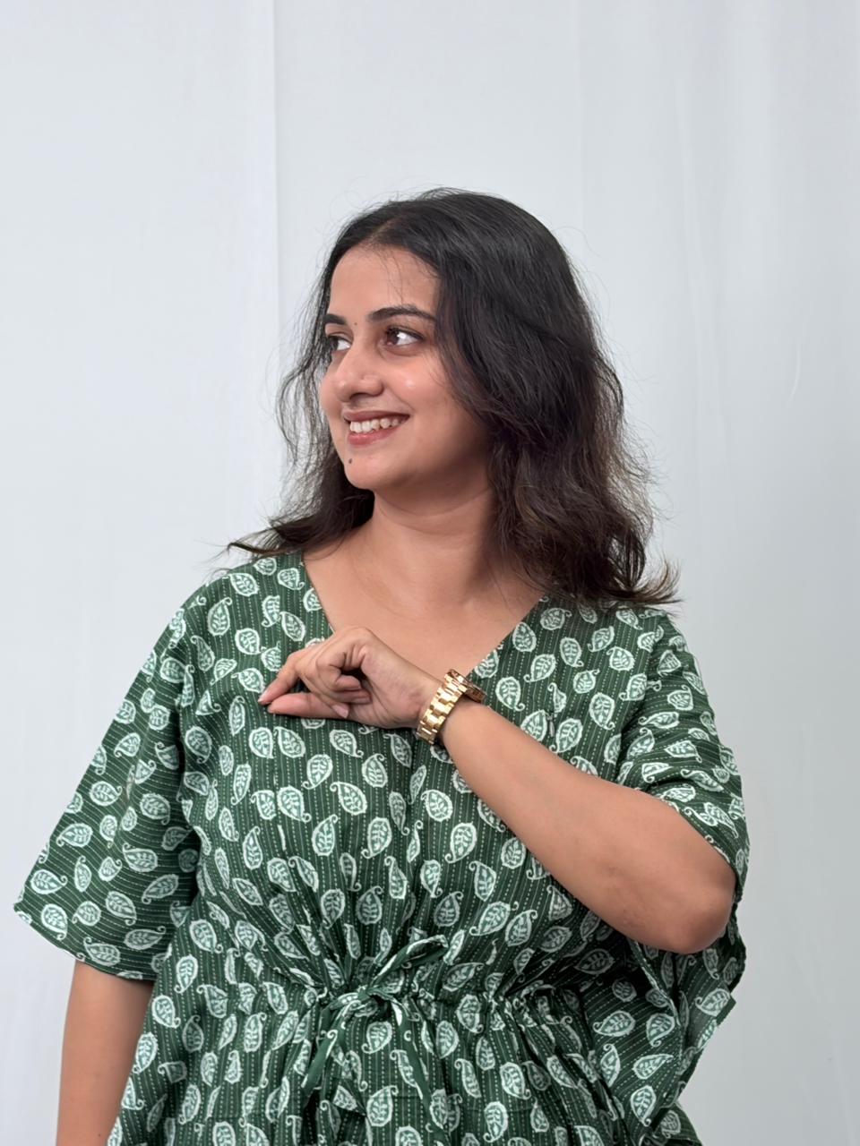Green Kalamkari Printed Kantha Cotton Feeding Kaftan Loungewear Pyjama Set | Free Size