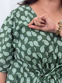 Green Kalamkari Printed Kantha Cotton Feeding Kaftan Loungewear Pyjama Set | Free Size