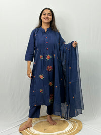 Navy-Blue Floral Embroidered Cotton 3 Piece Set