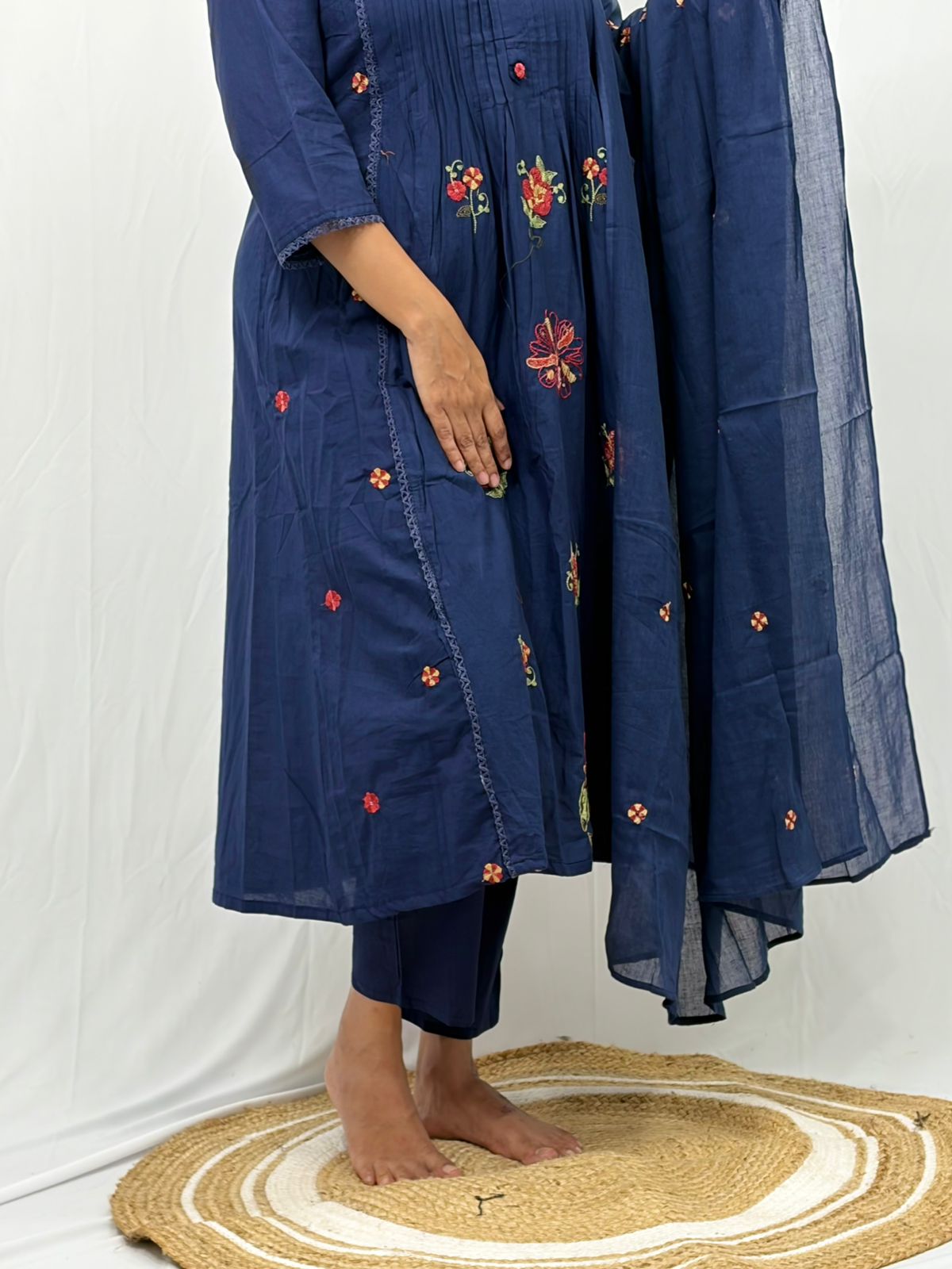 Navy-Blue Floral Embroidered Cotton 3 Piece Set