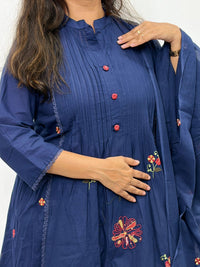 Navy-Blue Floral Embroidered Cotton 3 Piece Set