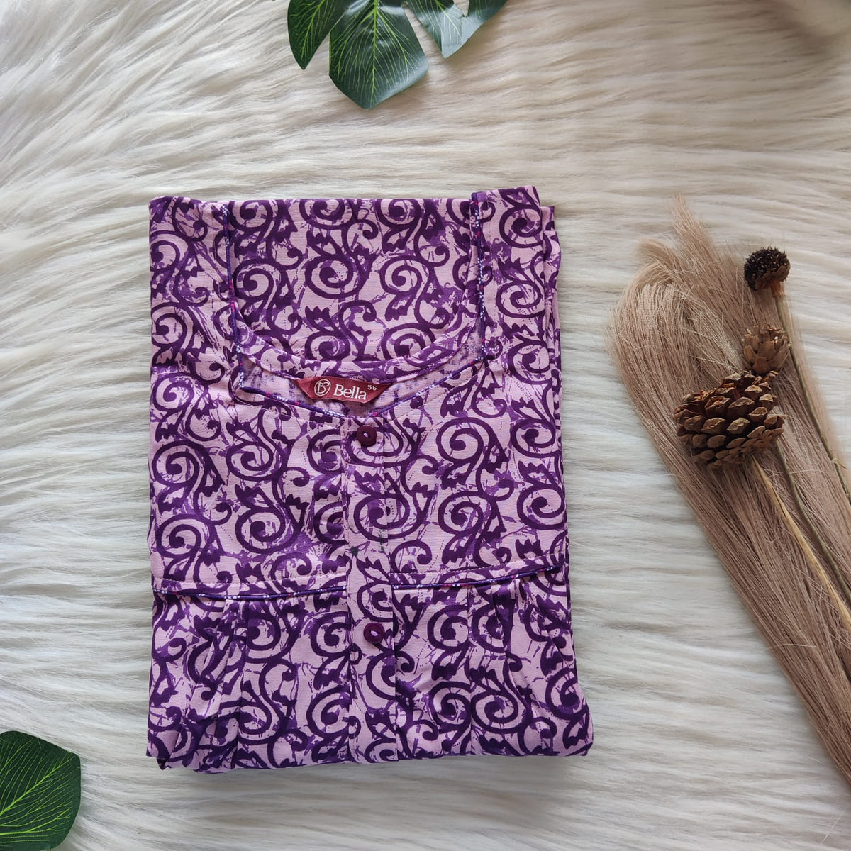 Purple Printed Premium Cotton Button Zip Nighty | Free Size | Chest Width 44″| Length 55″-56″