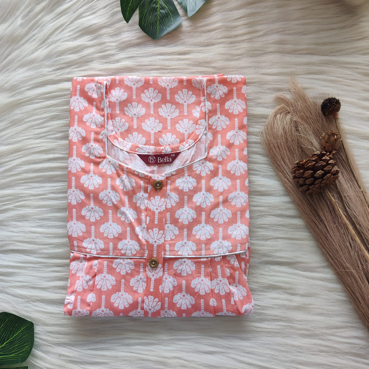 Pastel Orange Printed Premium Cotton Button Zip Nighty | Free Size | Chest Width 44″| Length 55″-56″