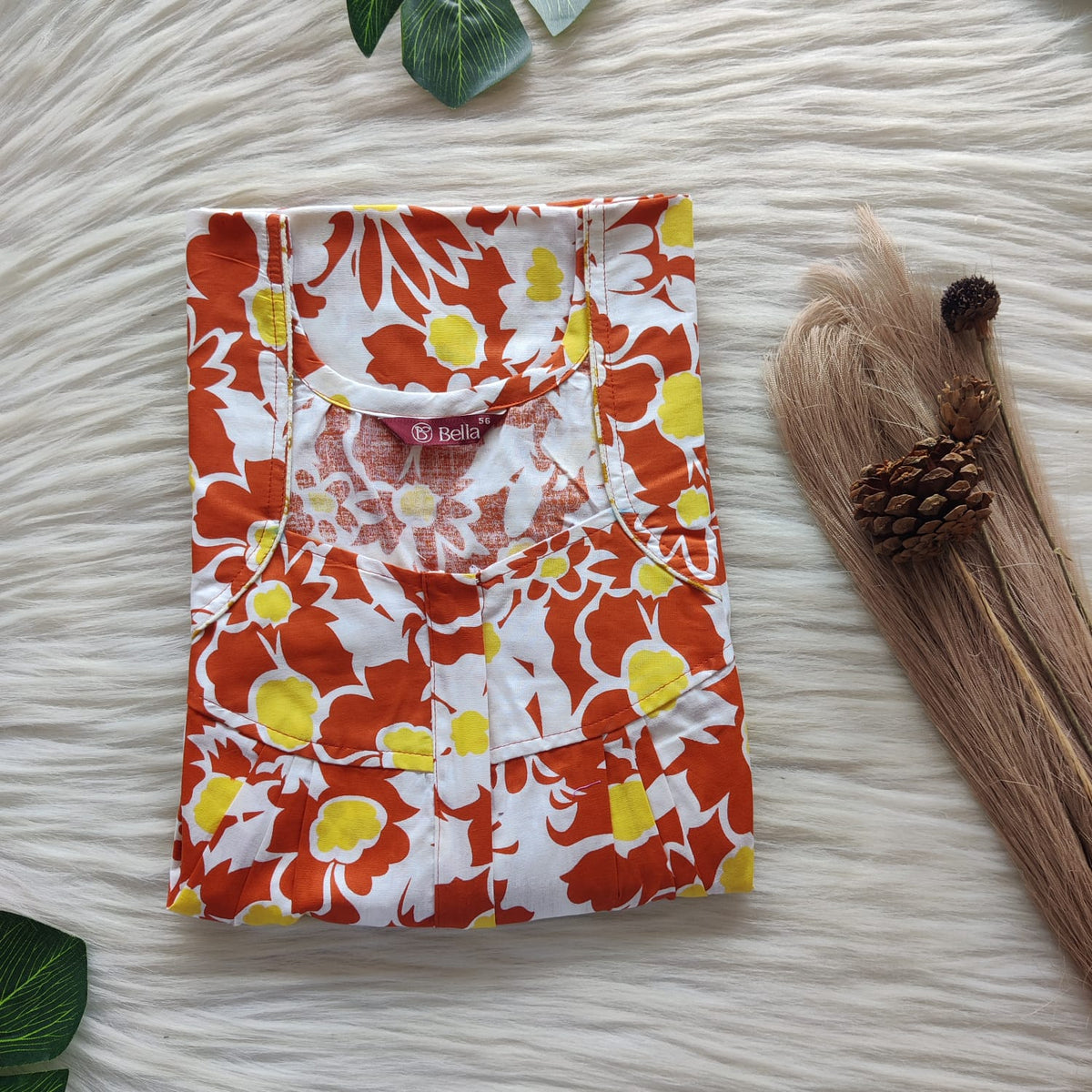 Brown And Yellow Floral Printed Premium Cotton Pleated Zip Nighty | Free Size | Chest Width 44″| Length 54″-55″