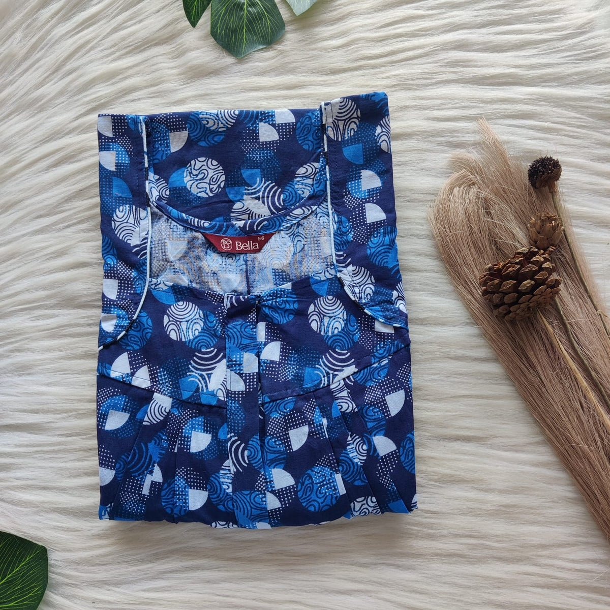 Blue Dot Printed Premium Cotton Pleated Zip Nighty | Free Size | Chest Width 44″| Length 54″-55″