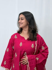 Rani Pink Floral Embroidered Mul Chanderi 3 Piece Set