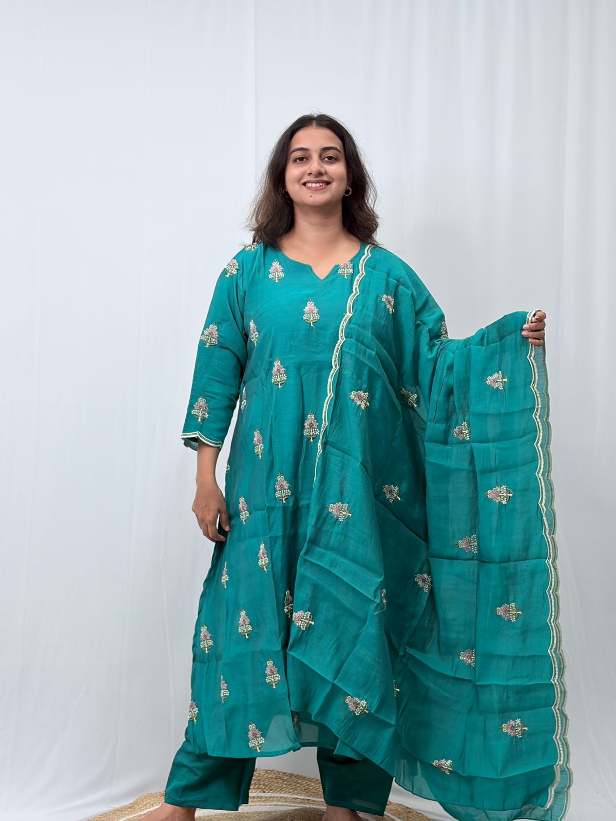 Peacock Blue Embroidered Mul Chanderi 3 Piece Set