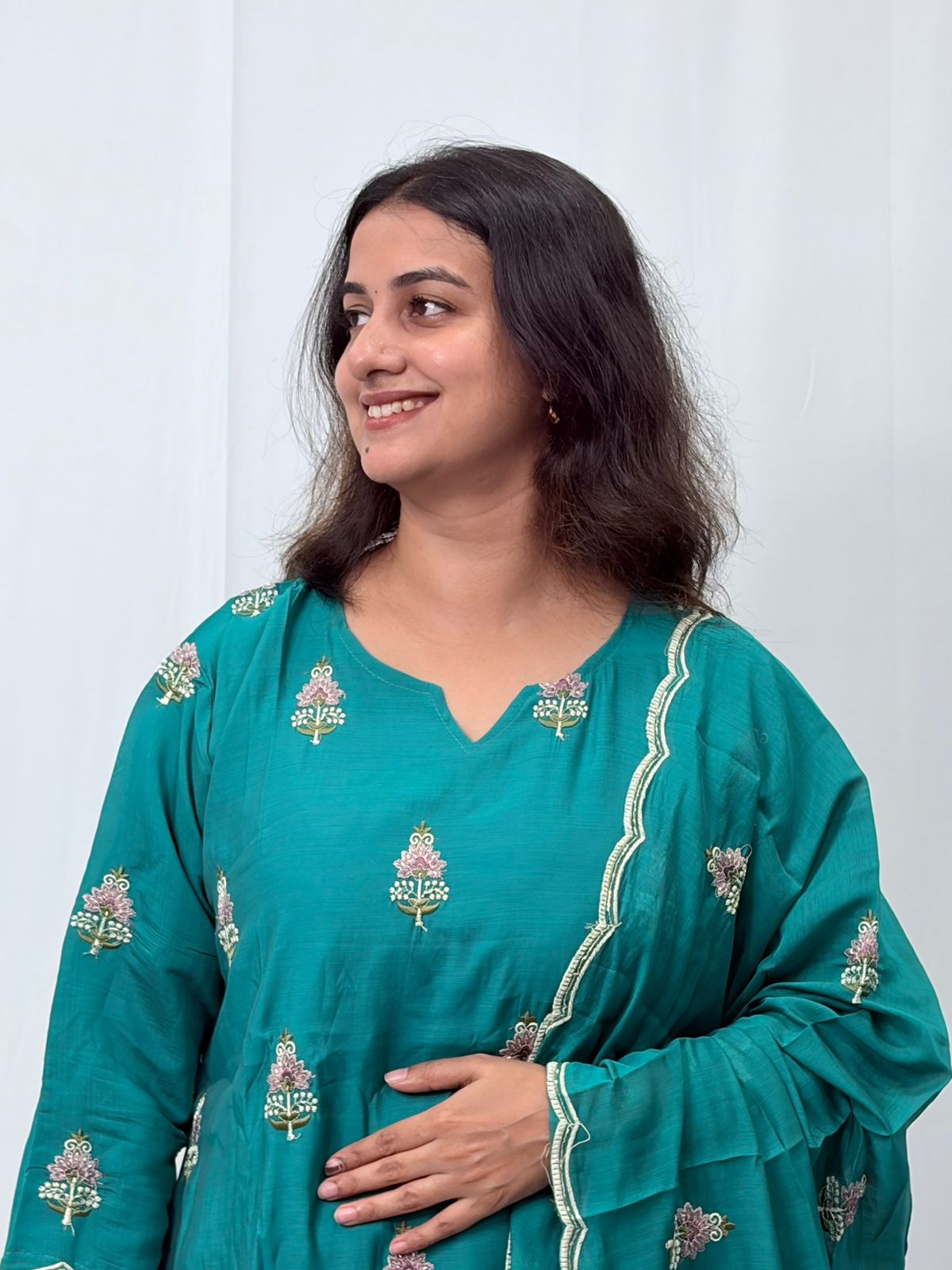 Peacock Blue Embroidered Mul Chanderi 3 Piece Set