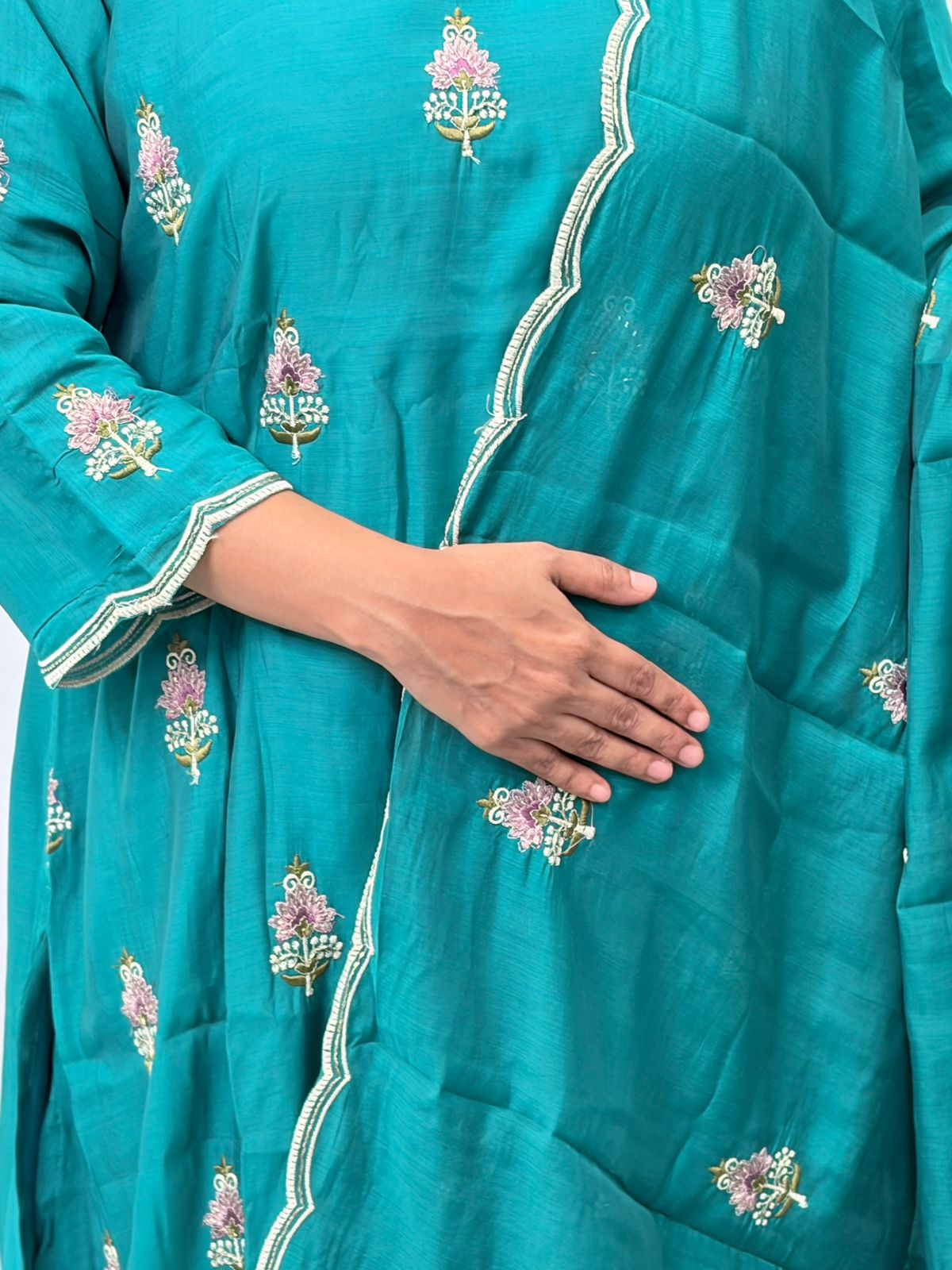 Peacock Blue Embroidered Mul Chanderi 3 Piece Set