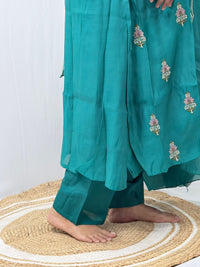 Peacock Blue Embroidered Mul Chanderi 3 Piece Set