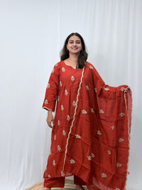 Rust Orange Embroidered Mul Chanderi 3 Piece Set