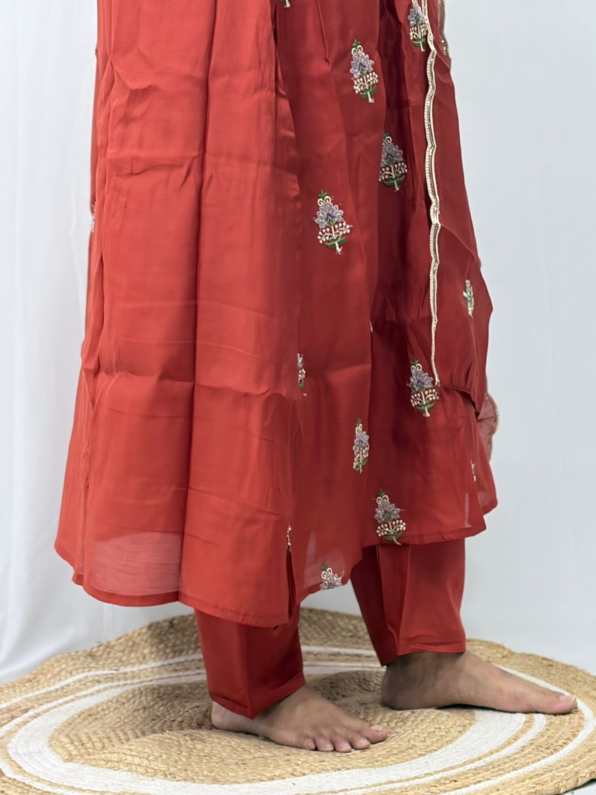 Rust Orange Embroidered Mul Chanderi 3 Piece Set