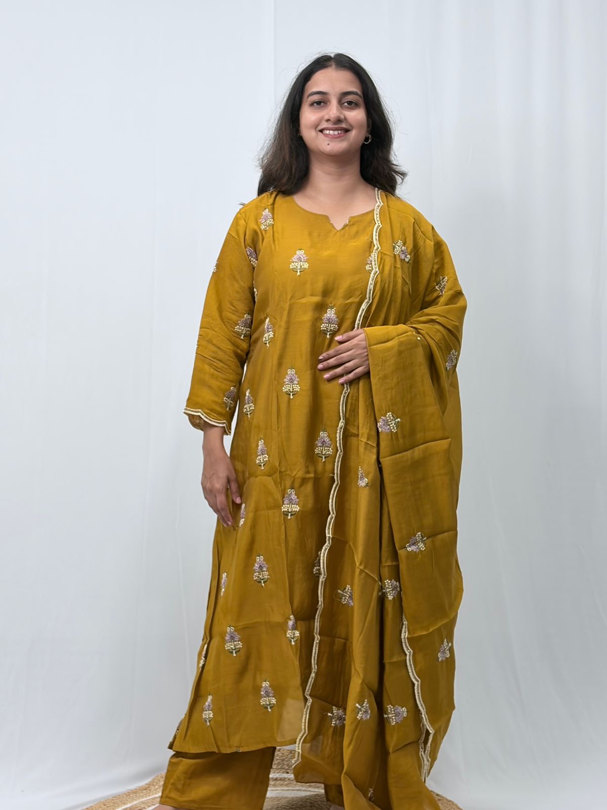 Mustard Yellow Embroidered Mul Chanderi 3 Piece Set
