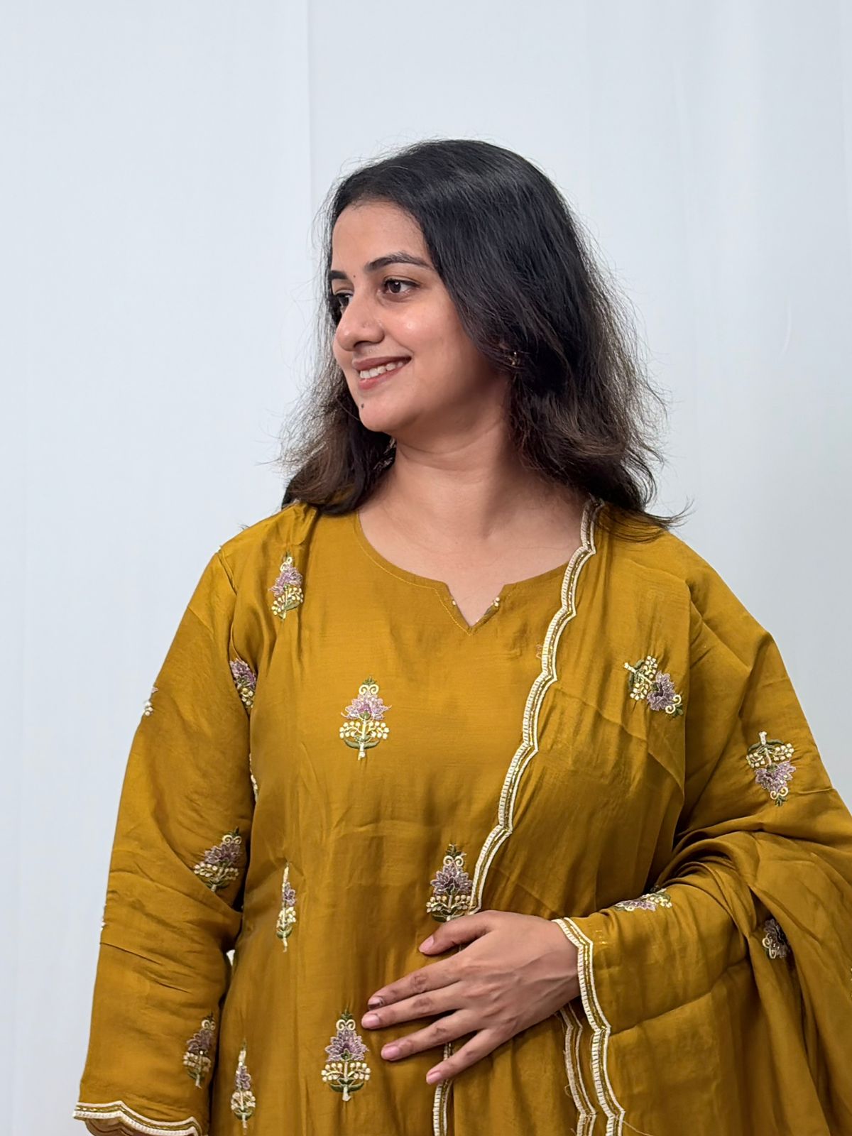 Mustard Yellow Embroidered Mul Chanderi 3 Piece Set