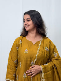Mustard Yellow Embroidered Mul Chanderi 3 Piece Set