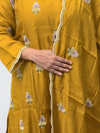 Mustard Yellow Embroidered Mul Chanderi 3 Piece Set