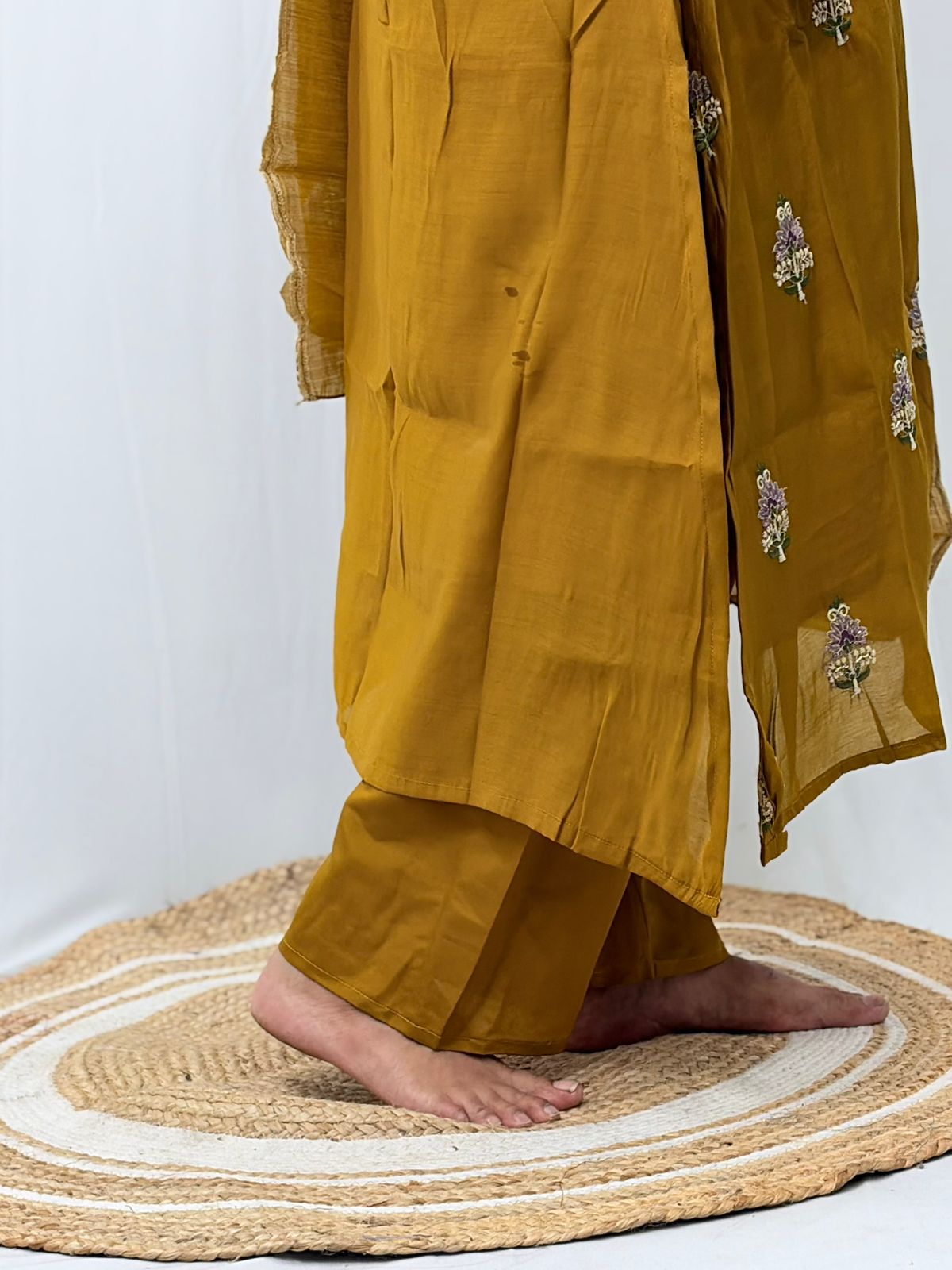 Mustard Yellow Embroidered Mul Chanderi 3 Piece Set