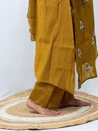 Mustard Yellow Embroidered Mul Chanderi 3 Piece Set