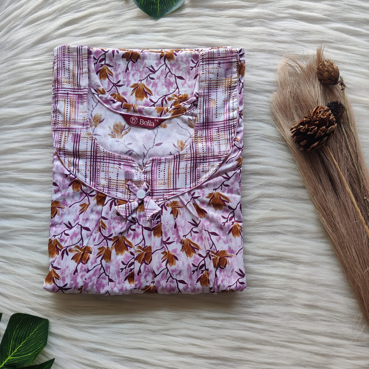 Mauve And Brown Floral Printed Premium Cotton No Zip Pleated Nighty | Free Size | Chest Width 44″| Length 55″-56″