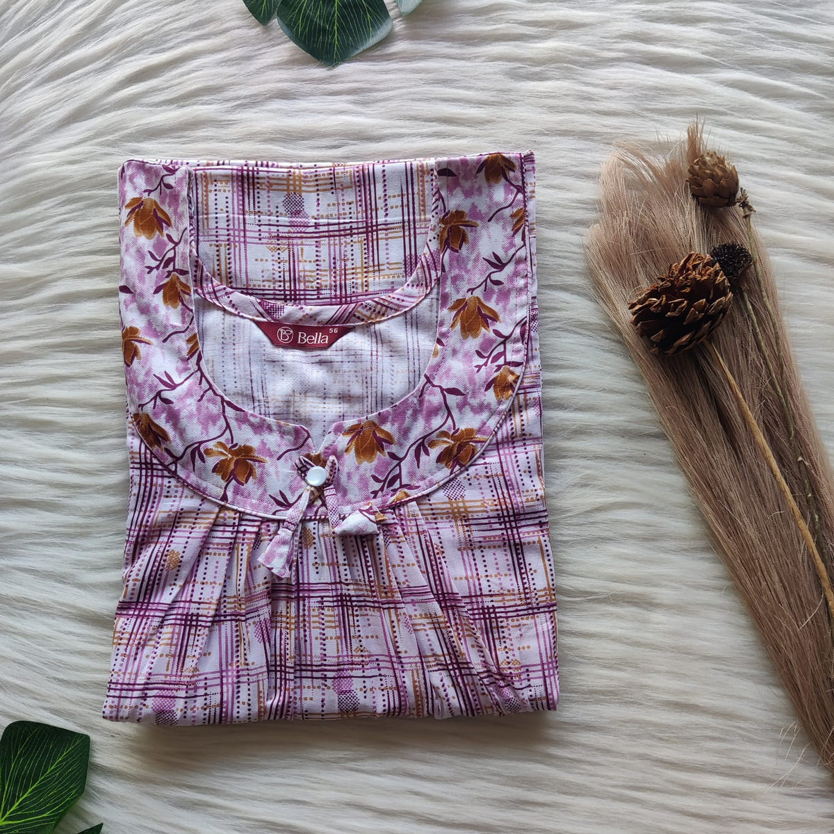 Brown And Mauve Check Printed Premium Cotton No Zip Pleated Nighty | Free Size | Chest Width 44″| Length 55″-56″
