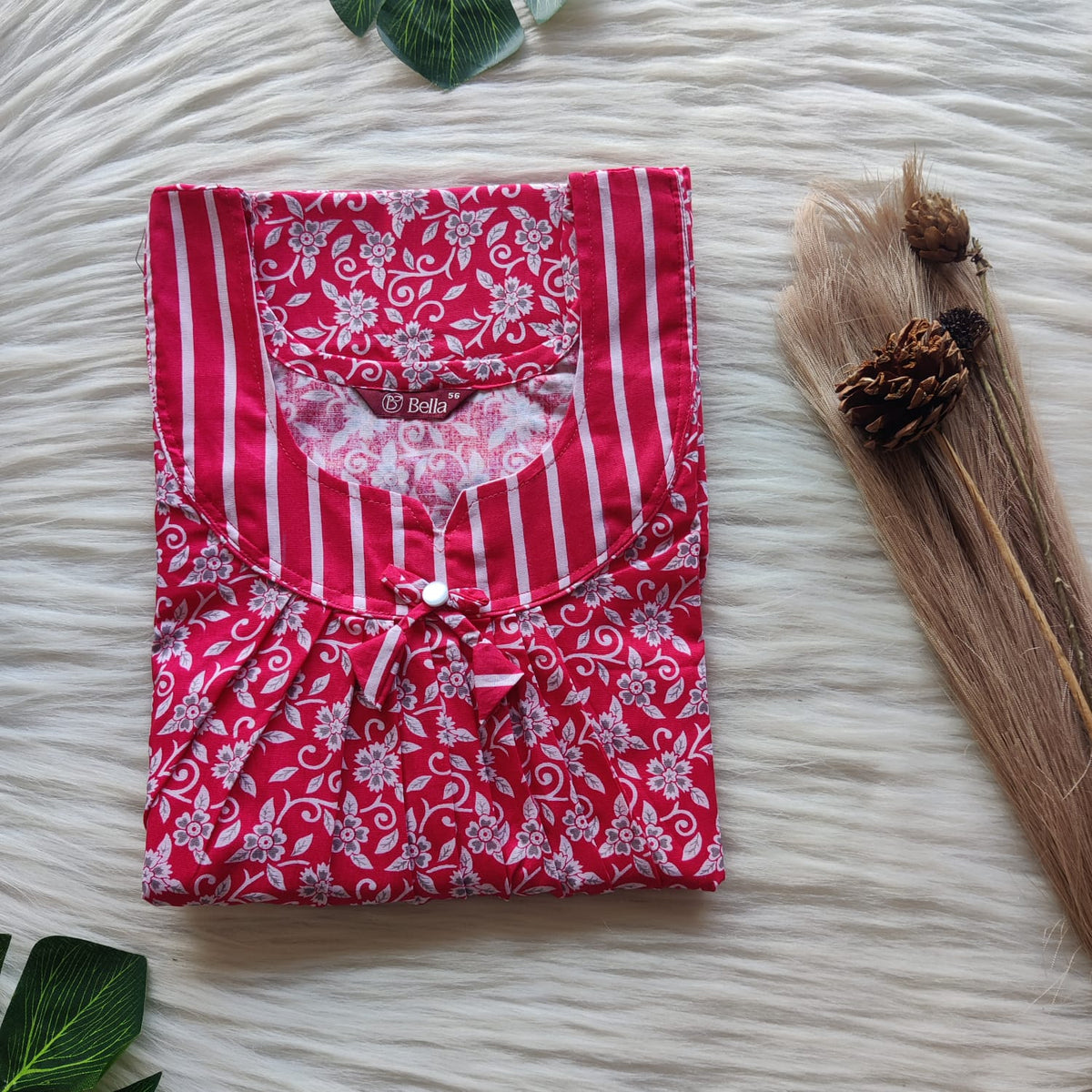 Red And Grey Floral Printed Premium Cotton No Zip Pleated Nighty | Free Size | Chest Width 44″| Length 55″-56″