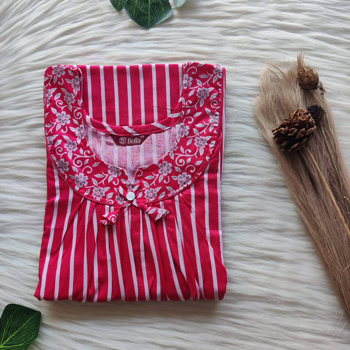 Grey And Red Stripe Printed Premium Cotton No Zip Pleated Nighty | Free Size | Chest Width 44″| Length 55″-56″