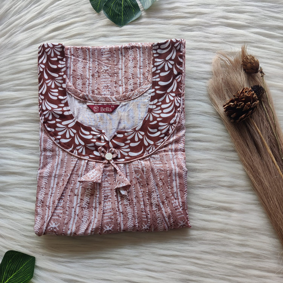 Dark And Pale Brown Printed Premium Cotton No Zip Pleated Nighty | Free Size | Chest Width 44″| Length 55″-56″