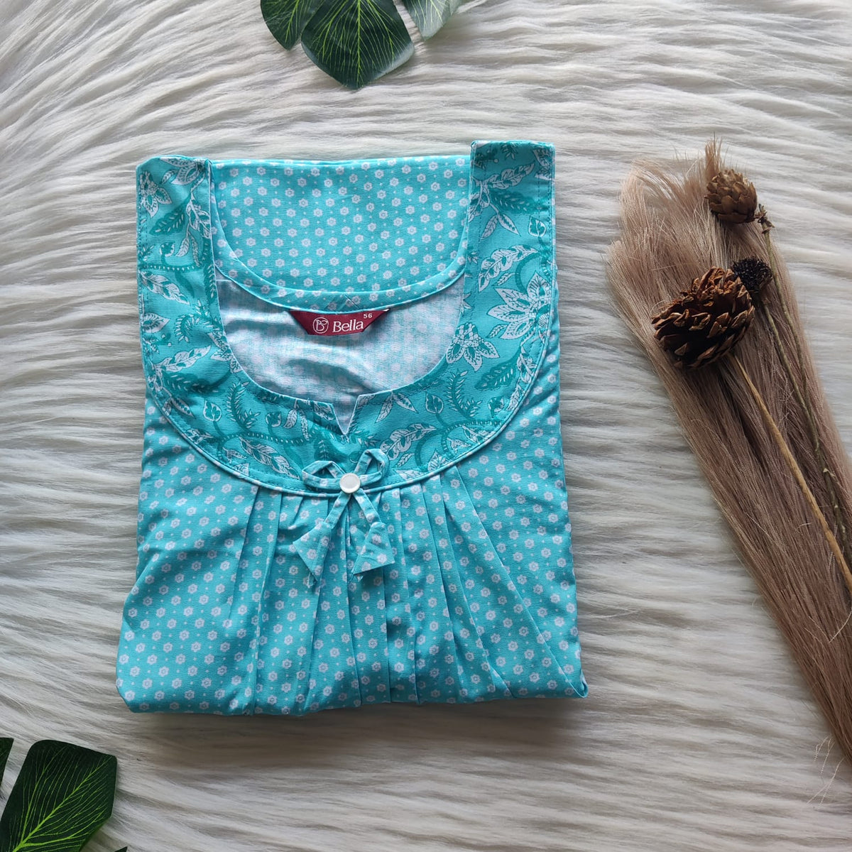 White And Blue Floral Printed Premium Cotton No Zip Pleated Nighty | Free Size | Chest Width 44″| Length 55″-56″