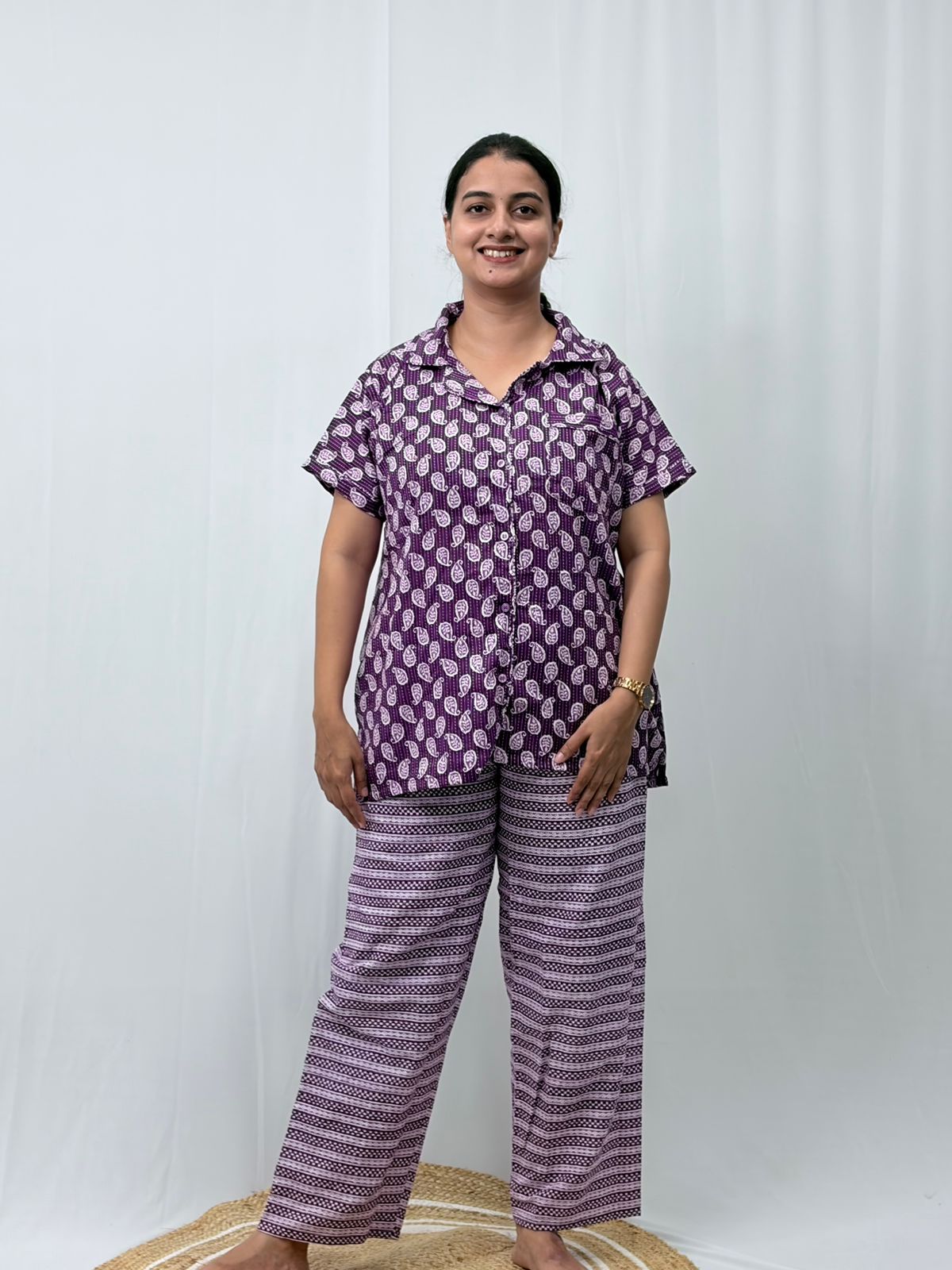 Purple Kalamkari Printed Kantha Cotton Shirt Pyjama Set | Free Size |