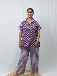 Purple Kalamkari Printed Kantha Cotton Shirt Pyjama Set | Free Size |