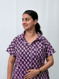 Purple Kalamkari Printed Kantha Cotton Shirt Pyjama Set | Free Size |