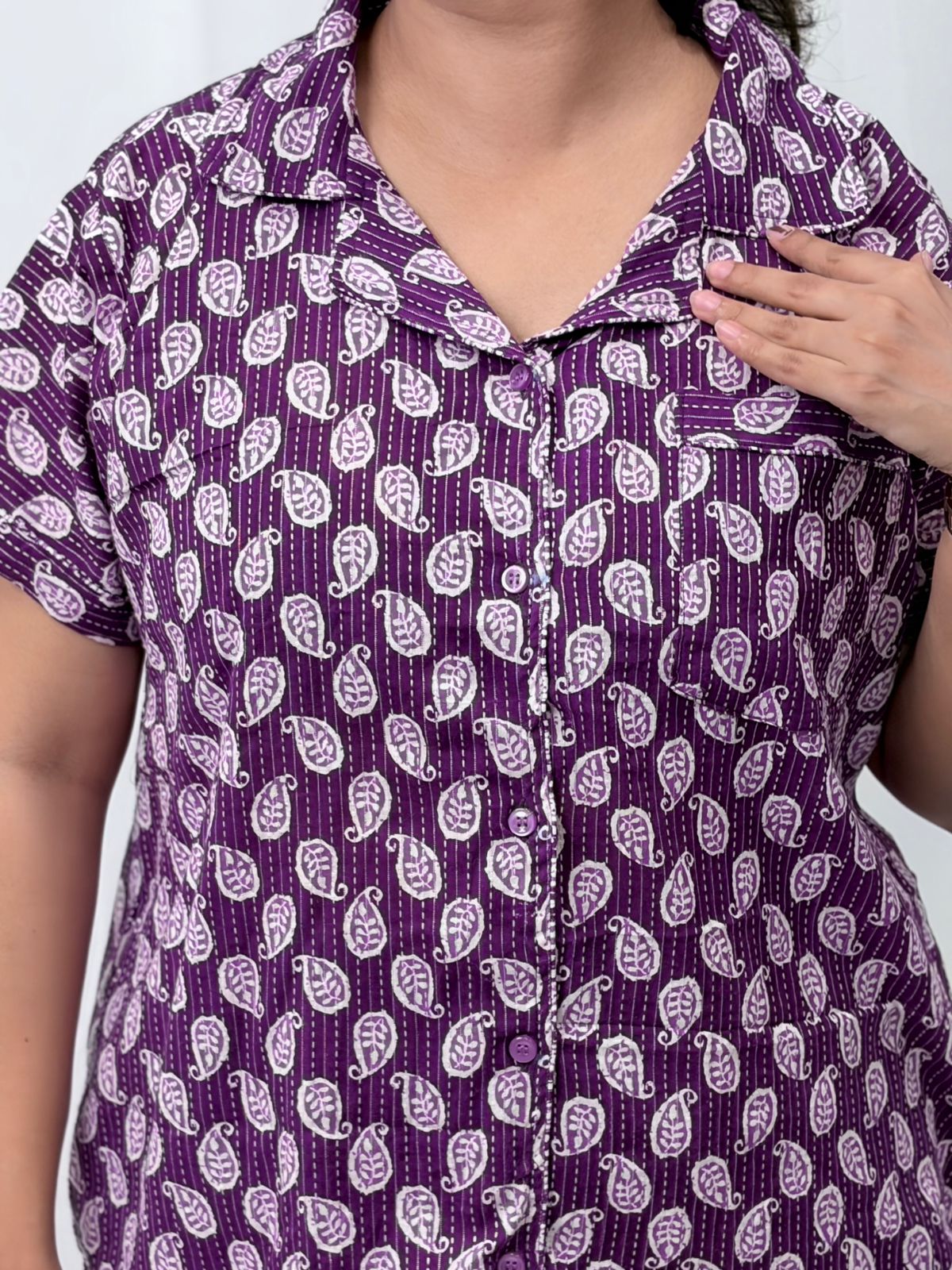 Purple Kalamkari Printed Kantha Cotton Shirt Pyjama Set | Free Size |