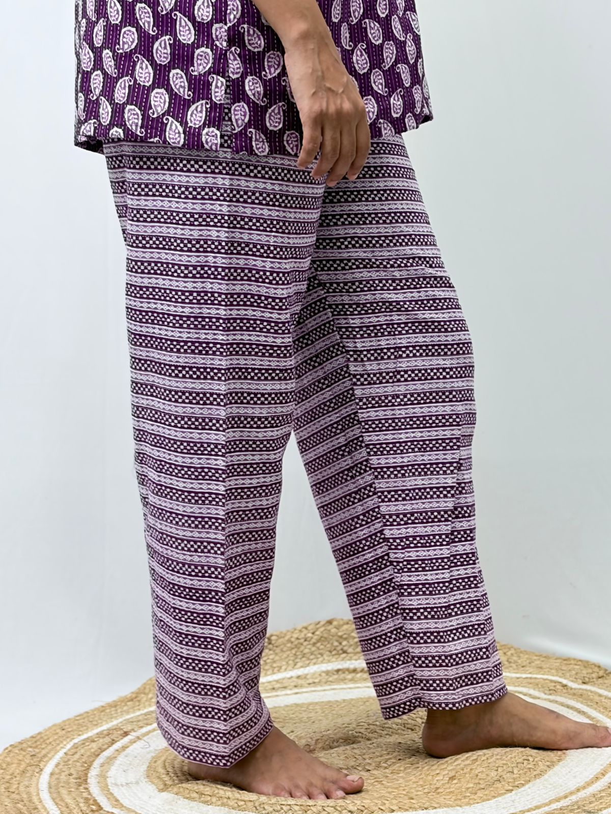 Purple Kalamkari Printed Kantha Cotton Shirt Pyjama Set | Free Size |