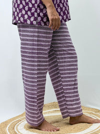 Purple Kalamkari Printed Kantha Cotton Shirt Pyjama Set | Free Size |