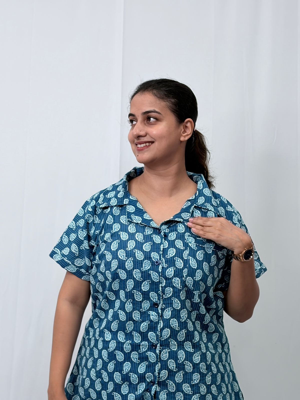 Blue Kalamkari Printed Kantha Cotton Shirt Pyjama Set | Free Size |