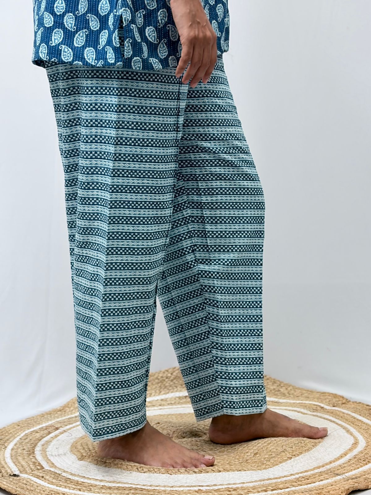 Blue Kalamkari Printed Kantha Cotton Shirt Pyjama Set | Free Size |