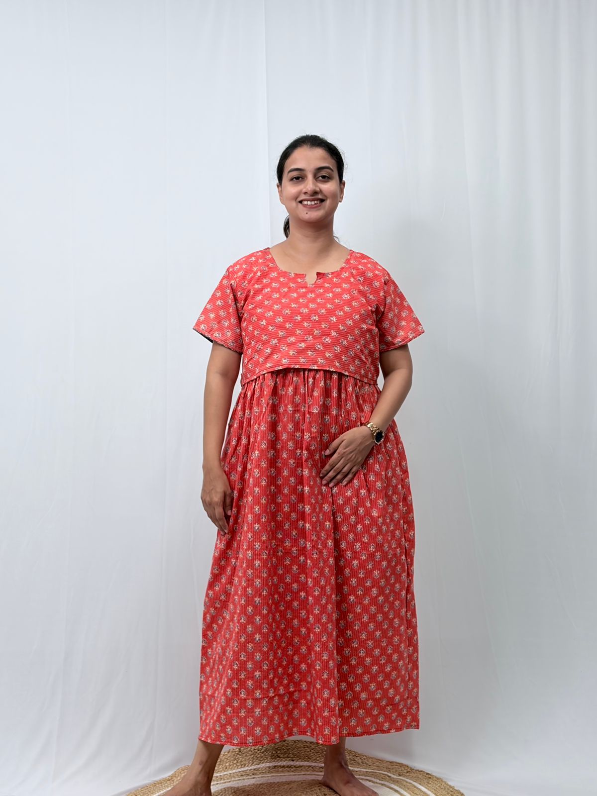 Peach Floral Printed Kantha Cotton Buttonless Zipless Short Maternity Nighty | Free Size |