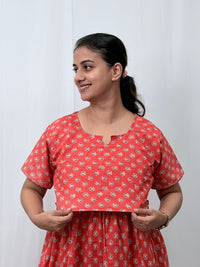 Peach Floral Printed Kantha Cotton Buttonless Zipless Short Maternity Nighty | Free Size |