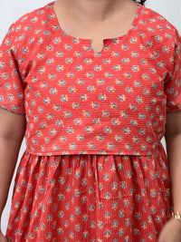 Peach Floral Printed Kantha Cotton Buttonless Zipless Short Maternity Nighty | Free Size |