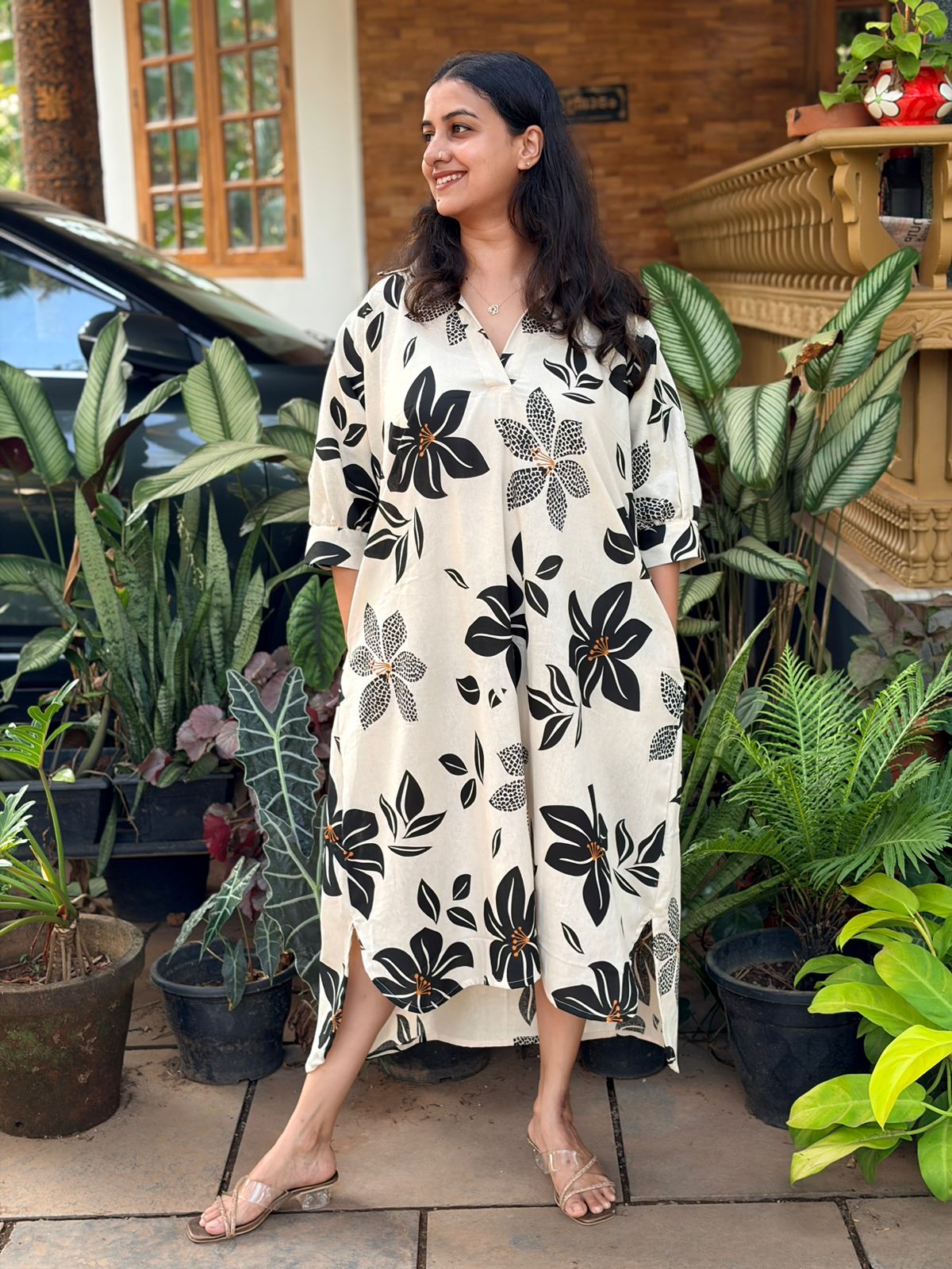 Black Floral Khadi Cotton Shirt Dress | Side Pocket | Free Size | Chest Width 44″| Length 44″