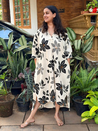 Black Floral Khadi Cotton Shirt Dress | Side Pocket | Free Size | Chest Width 44″| Length 44″