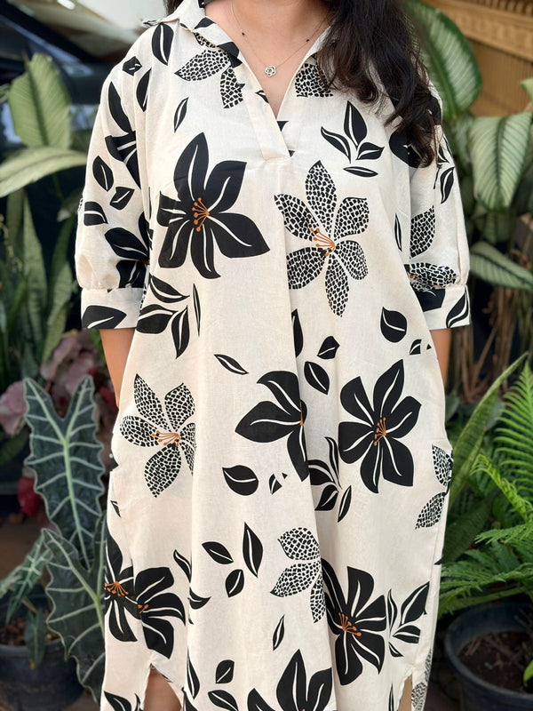Black Floral Khadi Cotton Shirt Dress | Side Pocket | Free Size | Chest Width 44″| Length 44″