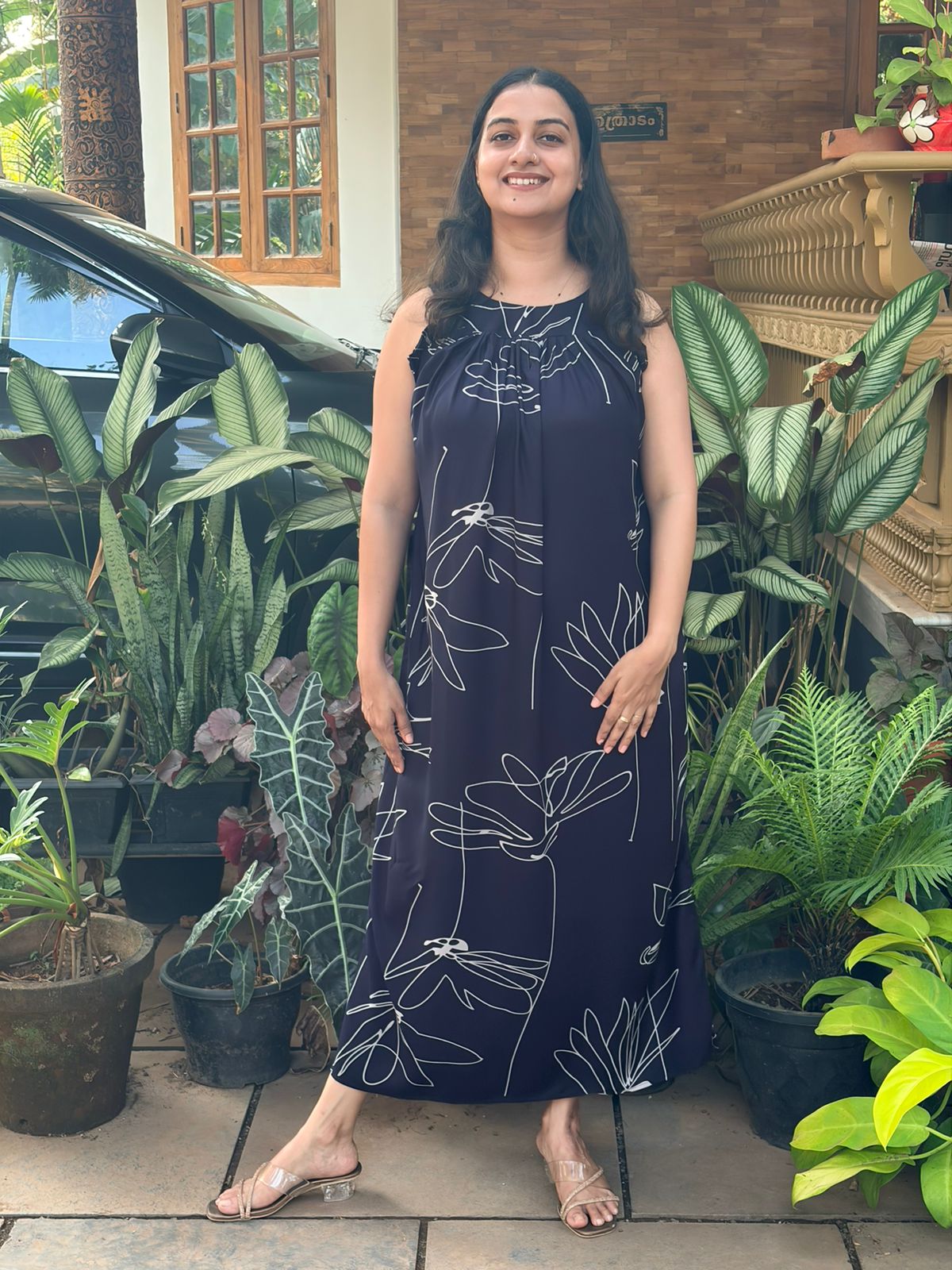 Navy-Blue Floral Rayon Sleeveless Maxi Dress| Free Size | Chest Width 44″| Length 52″