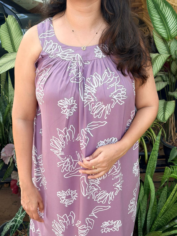 Mauve Floral Rayon Sleeveless Maxi Dress| Free Size | Chest Width 44″| Length 52″
