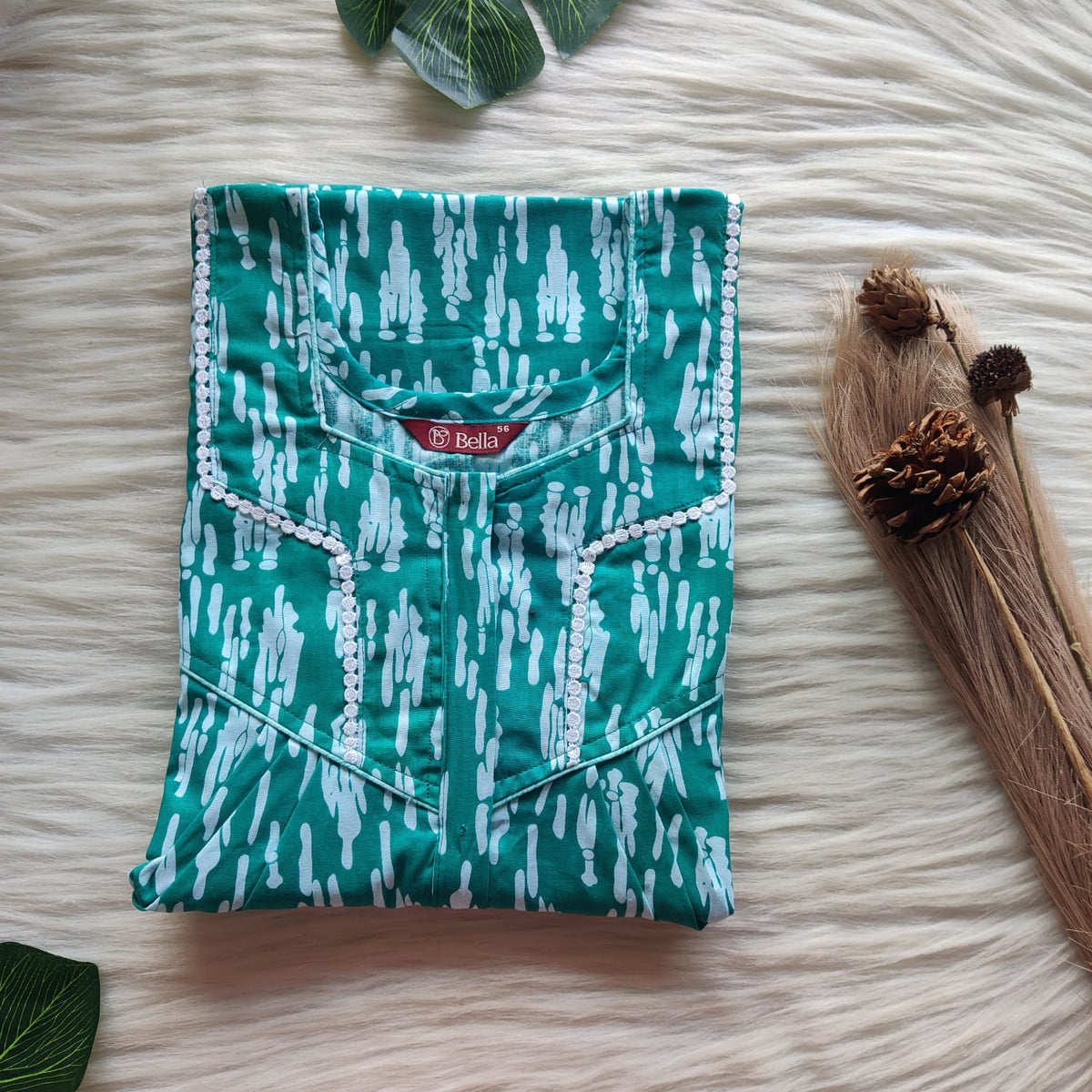 Green And White Printed Premium Cotton Long Zip Lace Feeding Nighty | Free Size | Chest Width 44″| Length 56″