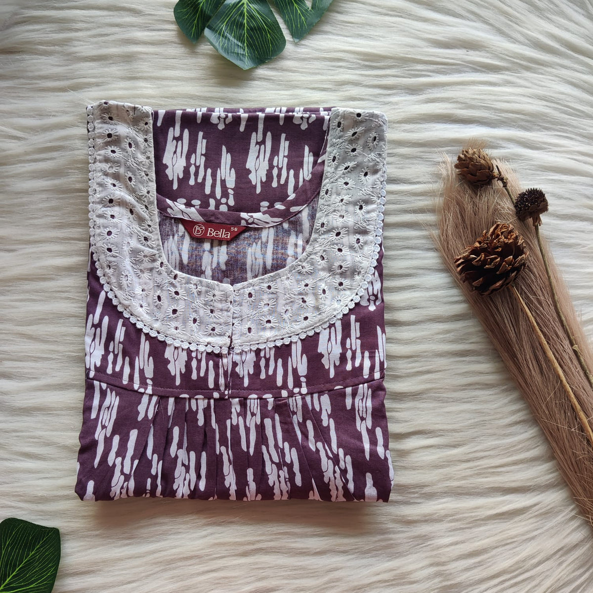 Purple And White Printed Premium Cotton Hakoba Lace Nighty | Free Size | Chest Width 44″| Length 54″-56″