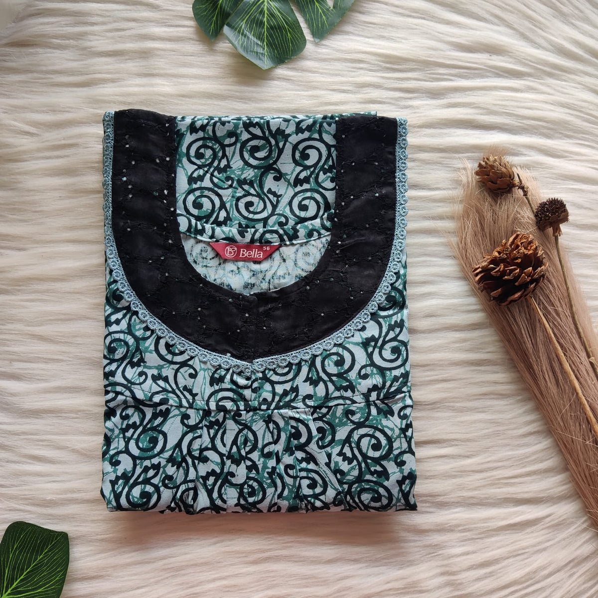 Green Printed Premium Cotton Hakoba Lace Nighty | Free Size | Chest Width 44″| Length 54″-56″