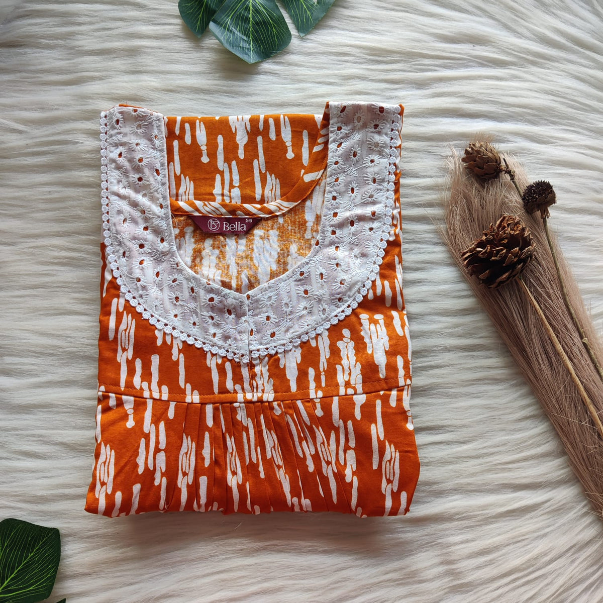 Brick Orange Printed Premium Cotton Hakoba Lace Nighty | Free Size | Chest Width 44″| Length 54″-56″