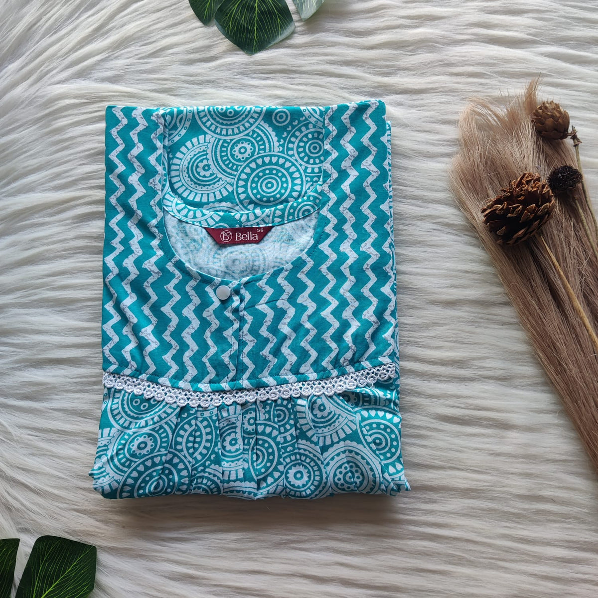 Blue And White Printed Premium Cotton Lace Nighty | Free Size | Chest Width 44″| Length 54″-56″