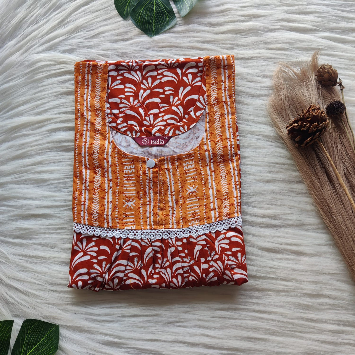 Pale And Dark Brown Printed Premium Cotton Lace Nighty | Free Size | Chest Width 44″| Length 54″-56″